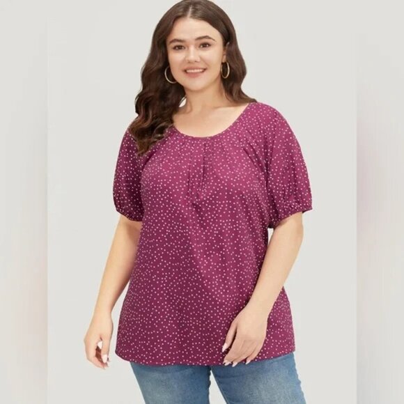 NWT BloomChic Polka Dot Pleated Round Neck Puff Sleeve Blouse Size 28/5X - Picture 2 of 3
